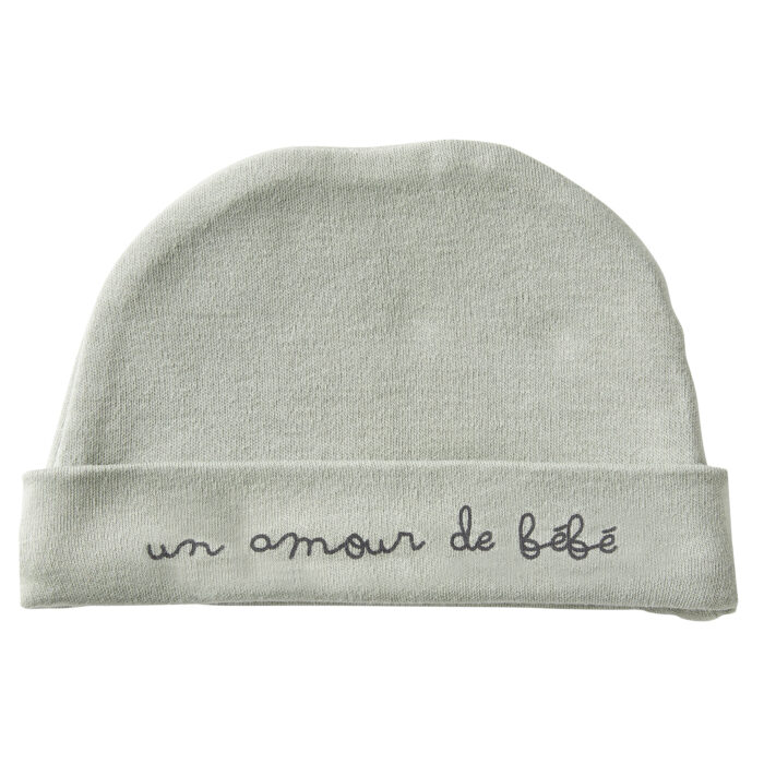 Bonnet naissance pur coton "Un amour de bébé" vert de gris (BB and Co)