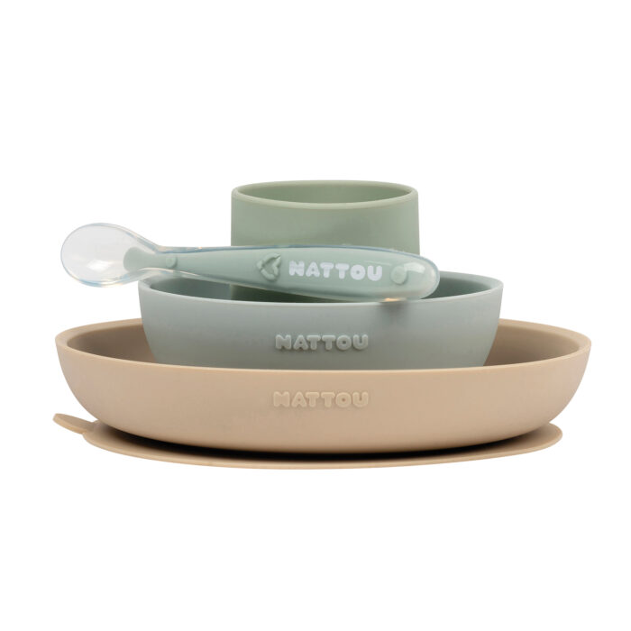 Set Repas Enfant 4 Pièces Silicone  sable/vert (Nattou)